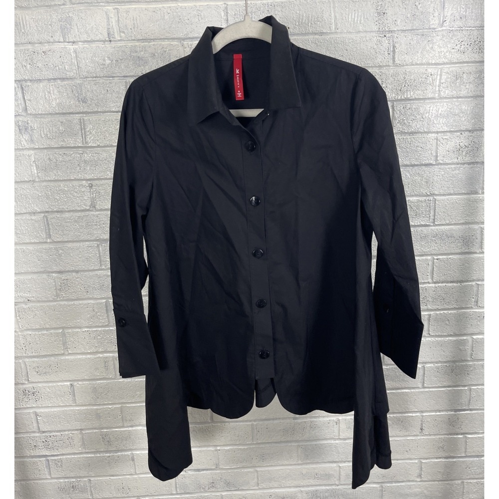 IC by Connie K Black Asymmetric Hem Button Front Top Womens S Minimalist